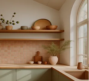 Modern kitchen decor with wooden shelves and ceramics